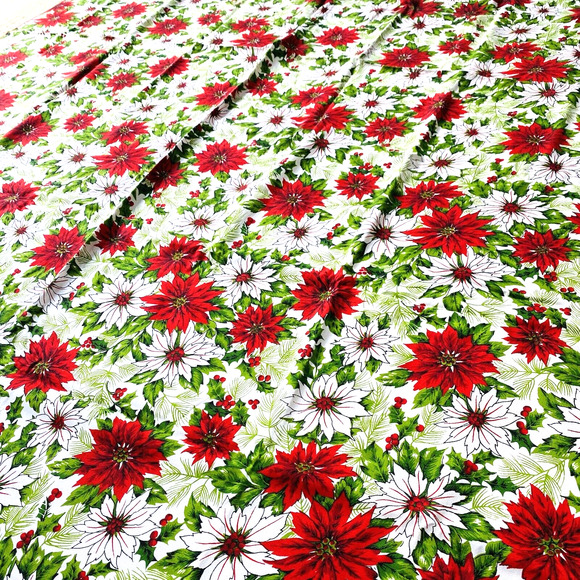 Vintage Christmas Tablecloth Cotton Blend Cloth Festive Red & White Poinsettias - Picture 5 of 8